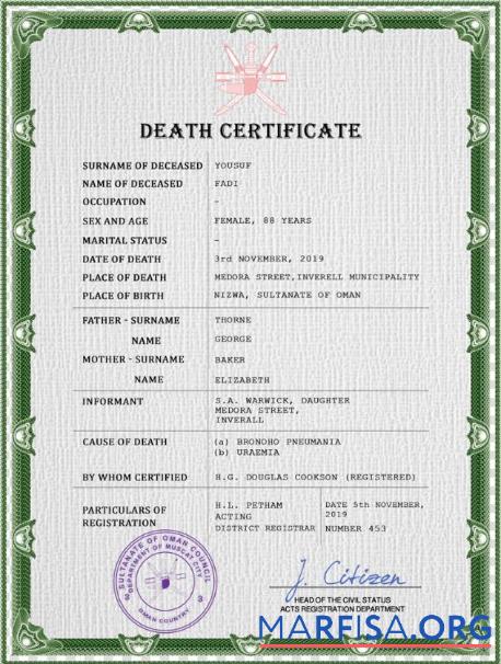 Realistic Oman vital record death certificate PSD template